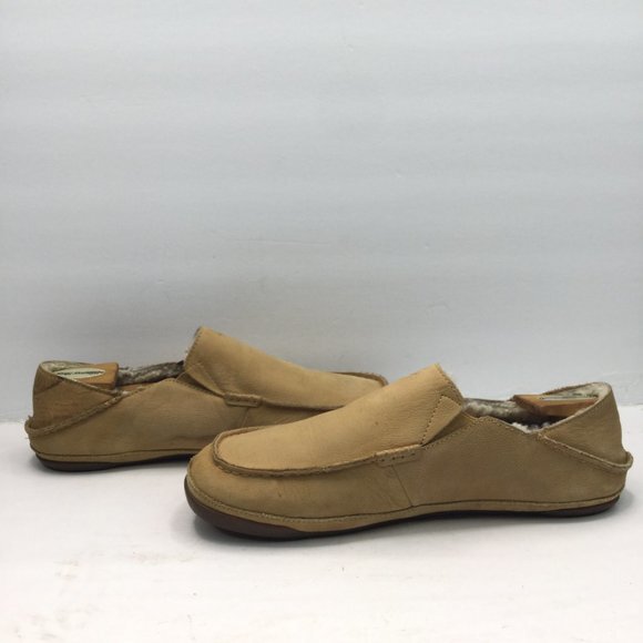 Olukai Kipuka Hulu Slipper Men Size M11 Toffee Leather Shearling Lining Slip-On - Picture 6 of 13